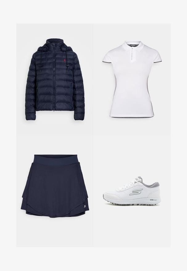 Casaco puffer azul-marinho com fecho de zip, capuz destacável, punhos elásticos e logótipo vermelho no lado esquerdo do peito. Apresenta textura acolchoada e capuz forrado.; Camisa polo branca de manga curta, com colarinho e botonadura frontal. Detalhes pretos nas mangas e costuras laterais. Textura suave e lisa.; Saia atlética azul-marinho com design em camadas, feita de um tecido liso e elástico. Apresenta uma cintura larga e um detalhe do logo na barra.; Sapatilhas brancas desportivas com um upper de malha texturizada, detalhes em prata e uma sola leve com pequenos pinos de tração, rotuladas "ULTRA FLIGHT."