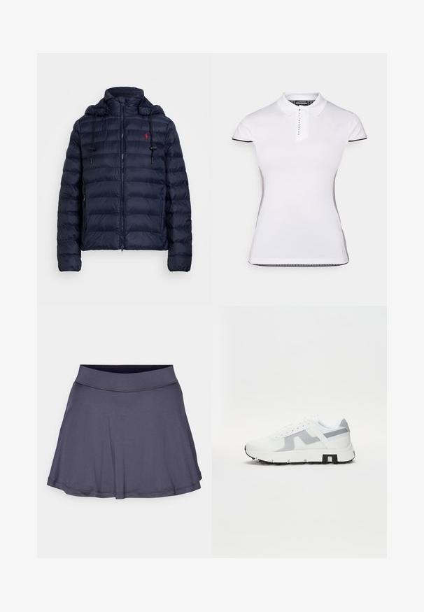 Námořnická pufrová bunda se zipovým zapínáním, odnímatelnou kapucí, elastickými manžetami a červeným logem na levé části hrudi. Obsahuje prošívanou texturu a podšívku v kapuci.; Bílá polo košile s krátkými rukávy, límečkem a předním zapínáním na knoflíky. Černé detaily na rukávech a bočních švech. Měkká, hladká textura.; Lehký, tmavě šedý šortkový sukni s rozevlátým lemem, elastickým páskem a hladkým povrchem. Žádné viditelné vzory nebo akcenty.; Bílé sportovní tenisky se šedými akcenty, texturovaným svrškem, silnou podrážkou a kontrastním černým detailem na patě. Systém šněrování s síťovinovými panely.
