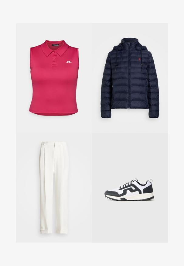 Tengerészkék pufi kabát, cipzáros záródással, levehető kapucnival, rugalmas mandzsettákkal és piros logóval a bal mellrészen. Steppelt textura és bélelt kapucni jellemzi.; Fittelt ujj nélküli póló világos rózsaszínben. Simább szövetből készült, klasszikus gallérral, három gombos záródással és fehér logó részlettel.; Fehér szabott nadrág, két elülső redővel, egyenes szabással és hajtott szegélyekkel. Simaságára jellemző anyagból készült, klasszikus dizájnnal.; Fehér és fekete, alacsony szárú utcai cipő, mintázott gumitalppal és cikk-cakk mintával az oldalán, az oldaláról látható, sima háttéren.