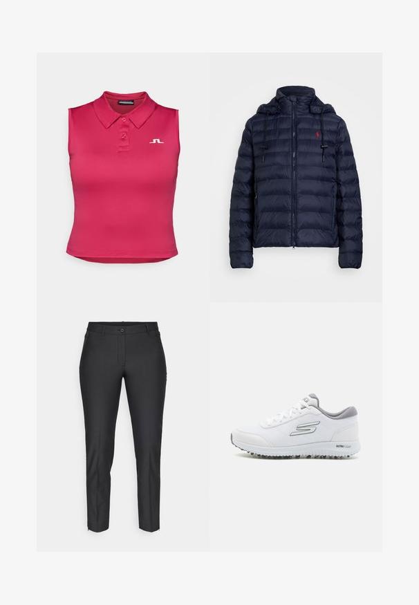 Casaco puffer azul-marinho com fecho de zip, capuz destacável, punhos elásticos e logótipo vermelho no lado esquerdo do peito. Apresenta textura acolchoada e capuz forrado.; Camisa polo ajustada sem mangas em rosa brilhante. Feita de tecido suave com colarinho clássico, com fechamento de botão de três peças e detalhe de logotipo branco.; Calças pretas de corte ajustado com uma textura suave, apresentando fecho de botão, fecho éclair e dois bolsos laterais. Corte slim com pernas ajustadas.; Sapatilhas brancas desportivas com um upper de malha texturizada, detalhes em prata e uma sola leve com pequenos pinos de tração, rotuladas "ULTRA FLIGHT."