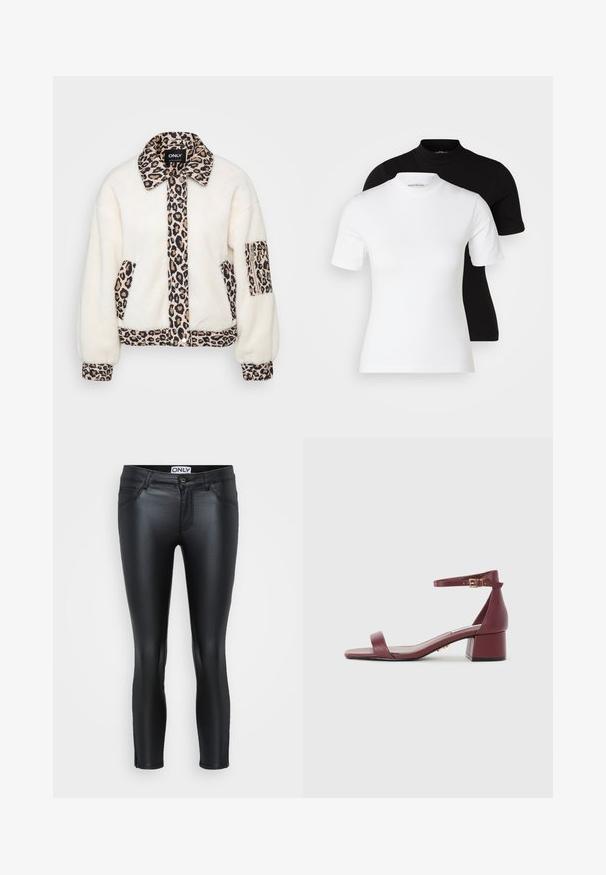 Casaco de fleece branco com detalhes em padrão de leopardo no colarinho, na pala frontal, nos bolsos e nas mangas. Apresenta fecho de botão e um corte descontraído.; Even&Odd Petite 2 PACK - T-shirt básica - white/black; Leggings pretos feitos de um material brilhante, com um design ajustado, cinco bolsos, detalhes de costura e um fecho frontal com botão.; Sandal de couro bordô com ponta quadrada, tira fina no tornozelo, detalhes em dourado e salto bloco robusto. Textura suave e design minimalista.