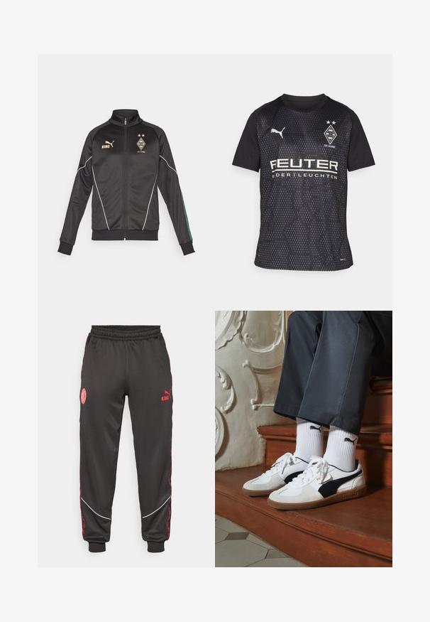 Musta vetoketjullinen takki valkoisilla yksityiskohdilla, pitkät hihat ja korkea kaulus. Sisältää kultaisia logoja, mukaan lukien "KING" ja seuran embleemit.; Musta urheilupaita lyhyillä hihoilla, jossa on kuusikulmainen kuvio, Puma-logo ja valkoista sponsoritekstiä. Sisältää seuran embleemin ja kaksi tähteä.; Mustat urheiluhousut joustavalla vyötärönauhalla, punaisilla yksityiskohdilla, brodeeratuilla logoilla ja valkoisilla pippauksilla sivuilla, valmistettu sileästä materiaalista.; Puma-tenniset valkoisesta ja mustasta mokasta, joissa on ruskea kumipohja. Yhdistetty valkoisten sukkien kanssa, joissa on musta logo, tummien housujen kanssa.