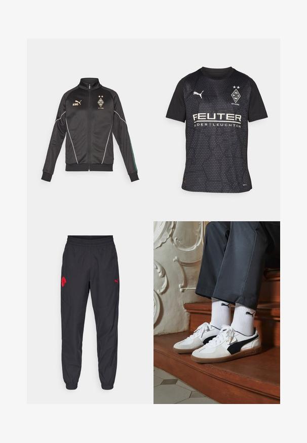 Veste à zip noir avec accents blancs, manches longues et col haut. Présente des logos en or, y compris "KING" et des emblèmes de club.; Maillot de sport noir à manches courtes, doté d'un motif hexagonal, du logo Puma et d'un texte de sponsor blanc. Comprend l'emblème du club et deux étoiles.; Pantalons de sport noirs avec une taille élastique, des poignets ajustés et des accents de logo rouges. Comprend un tissu léger et lisse ainsi qu'un design effilé.; Baskets Puma en daim blanc et noir, avec une semelle en caoutchouc marron. Associées à des chaussettes blanches arborant un logo noir, portées avec un pantalon sombre.