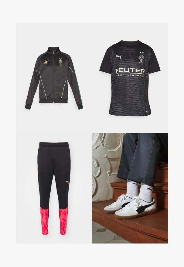 Schwarze Zip-Jacke mit weißen Akzenten, langen Ärmeln und hohem Kragen. Enthält goldene Logos, darunter "KING" und Vereinswappen.; Schwarzes Sporttrikot mit kurzen Ärmeln, das ein sechseckiges Muster, das Puma-Logo und weißen Sponsoren-Text zeigt. Enthält das Vereinswappen und zwei Sterne.; Schwarze Sporthosen mit strukturiertem Finish, die an den Unterschenkeln mit pinken geometrischen Mustern versehen sind und ein gelbes Logo an der Seite haben.; Puma-Sneaker aus weißem und schwarzem Wildleder mit einer braunen Gummisohle. Kombiniert mit weißen Socken, die ein schwarzes Logo zeigen, getragen zu dunklen Hosen.