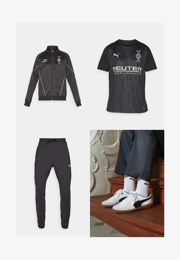 Musta vetoketjullinen takki valkoisilla yksityiskohdilla, pitkät hihat ja korkea kaulus. Sisältää kultaisia logoja, mukaan lukien "KING" ja seuran embleemit.; Musta urheilupaita lyhyillä hihoilla, jossa on kuusikulmainen kuvio, Puma-logo ja valkoista sponsoritekstiä. Sisältää seuran embleemin ja kaksi tähteä.; Mustat urheiluhousut, jotka on valmistettu pehmeästä kankaasta. Housuissa on joustava vyötärö, johon kuuluu kiristin, sivutaskut ja pieni logo alahäntäässä.; Puma-tenniset valkoisesta ja mustasta mokasta, joissa on ruskea kumipohja. Yhdistetty valkoisten sukkien kanssa, joissa on musta logo, tummien housujen kanssa.