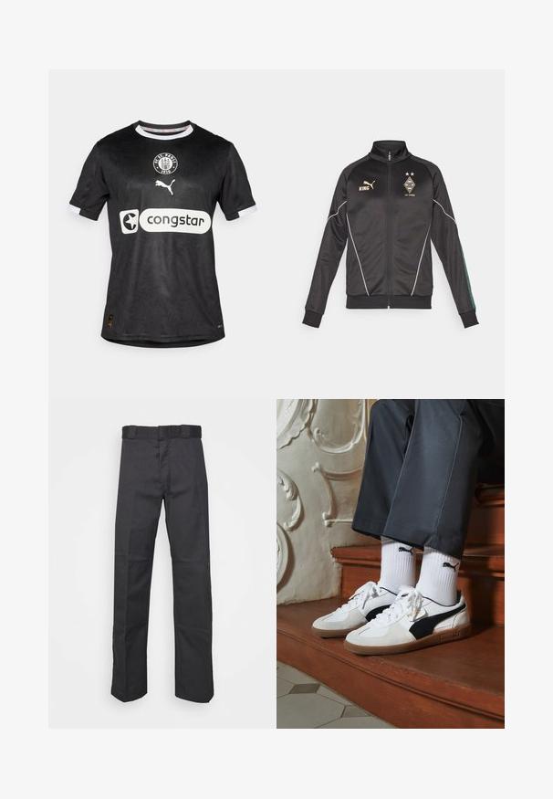 Chaqueta negra con cremallera y acentos blancos, de mangas largas y cuello alto. Presenta logotipos en dorado, incluido "KING" y emblemas del club.; Camiseta de fútbol negra con un patrón sutil, acentos blancos en las mangas y los logotipos de Puma y Congstar en la parte delantera.; Pantalones negros de tela duradera, con un diseño de pierna recta, una cinturilla con trabillas para cinturón y costuras para mayor textura.; Zapatillas Puma en gamuza blanca y negra, con una suela de goma marrón. Combinadas con calcetines blancos que muestran un logo negro, llevados con pantalones oscuros.