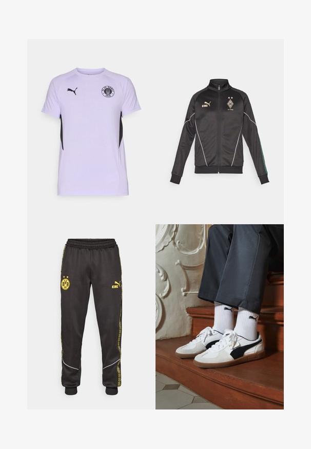 Svart zip-up jakke med hvite detaljer, lange ermer og høy krage. Har logoer i gull, inkludert "KING" og klubbemblemer.; Lys lilla trenings t-skjorte med korte ermer, svarte detaljer på sidene, og en sirkulær logo med teksten "FC St. Pauli 1910."; Svarte treningsbukser med gule Borussia Dortmund BVB 09 og Puma King-logoer, elastisk liv, og mønstrede gule sidestriper.; Puma-sneakers i hvitt og svart semsket skinn, med en brun gummisåle. Kombinert med hvite sokker med en svart logo, båret med mørke bukser.