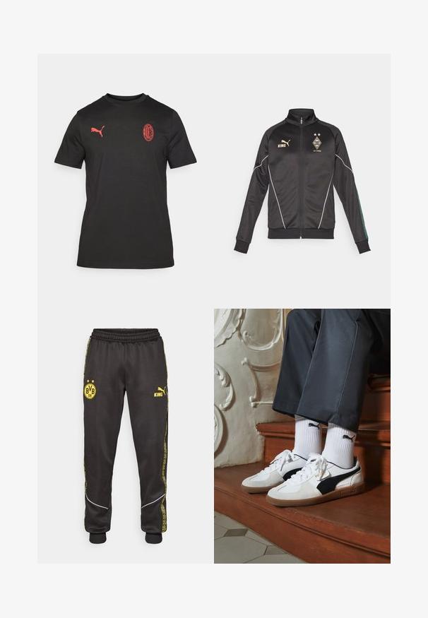 Sort zip-up jakke med hvide accenter, lange ærmer og høj krave. Inkluderer logoer i guld, herunder "KING" og klubemblemer.; Sort kortærmet T-shirt lavet af blødt stof. Har et rødt Puma-logo på venstre bryst og et rødt broderet klubemblem på forsiden.; Sorte træningsbukser med gule Borussia Dortmund BVB 09 og Puma King logoer, elastisk talje, og mønstrede gule side-striber.; Puma sneakers i hvid og sort ruskind med en brun gummisål. Bæres med hvide sokker med et sort logo og mørke bukser.