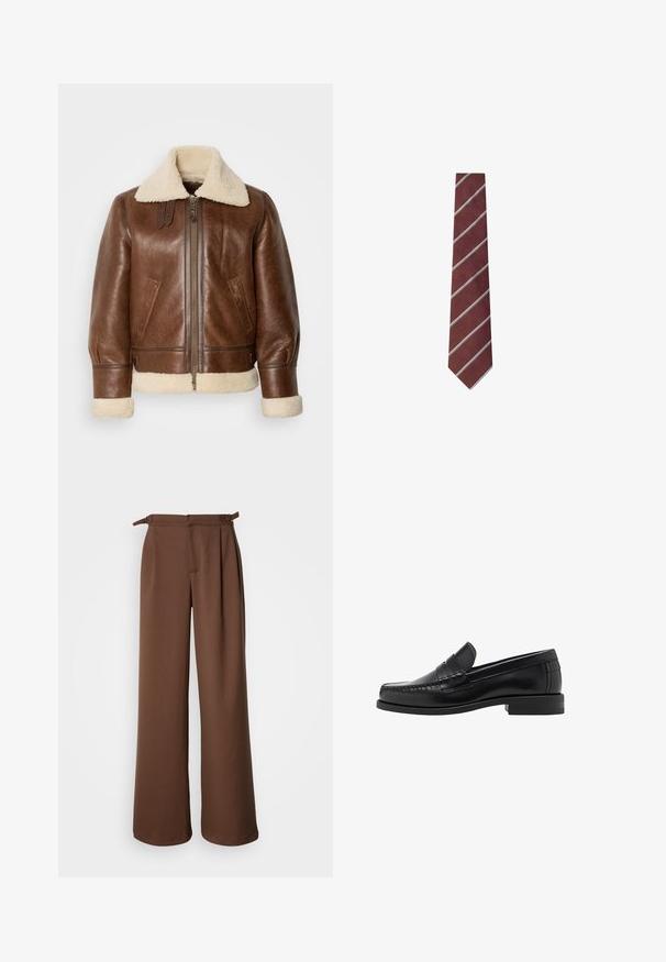 Bruine leren pilotenjack met een crèmekleurige schapenwollen kraag en manchetten. Voorzien van een ritssluiting aan de voorkant, zijzakken en gestructureerde schouders.; Bruine gebreide cardigan met een gestructureerd oppervlak, knoopsluiting en een gespreide kraag. Gemaakt van een zachte, wolachtige stof.; Witte lange mouwen overhemd met knopen, voorzien van een subtiel gestreept patroon, klassieke kraag en afgeronde zoom. Gemaakt van lichtgewicht stof.; Lange broek met wijde pijpen in bruin, gemaakt van een zachte stof. Heeft een hoge taille met plooien en zijstrikjes, wat zorgt voor een relaxte pasvorm en een zachte textuur.; Zwarte leren instappers met een gladde afwerking, gestikte details op de neus en een lage hakontwerp voor comfort en stijl.; Hackett London UNEVEN FINE STR - Stropdas - burgundy red