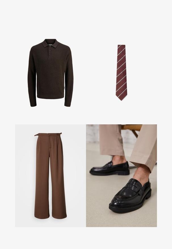 Brun læderpilotjakke med en cremet shearlingskrave og -manchetter. Har en frontlynlås, sidelommer og strukturerede skuldre.; Brun strikket cardigan med en tekstureret overflade, knaplukning og spredt krave. Fremstillet af et blødt, uldagtigt materiale.; Brun strikket polo sweater med lange ærmer, der har ribbet tekstur, tre-knaps lukning og en klassisk krave.; Hvid langærmet skjorte med knapper, der har et subtilt stribet mønster, klassisk krave og rundet kant. Fremstillet af letvægtsstof.; Bredde bukser i brunt, lavet af blødt stof. Har høj talje med folder og sidesnore, hvilket giver en afslappet pasform og glat tekstur.; Sorte lædermokkasiner med en glat overflade, der har en dekorativ rem og kontraststing, parret med beige bukser.; Hackett London UNEVEN FINE STR - Slips - burgundy red; Brun læder duffel taske med rundede håndtag, justerbar skulderrem, minimalistisk design, glat tekstur og synlige syninger.