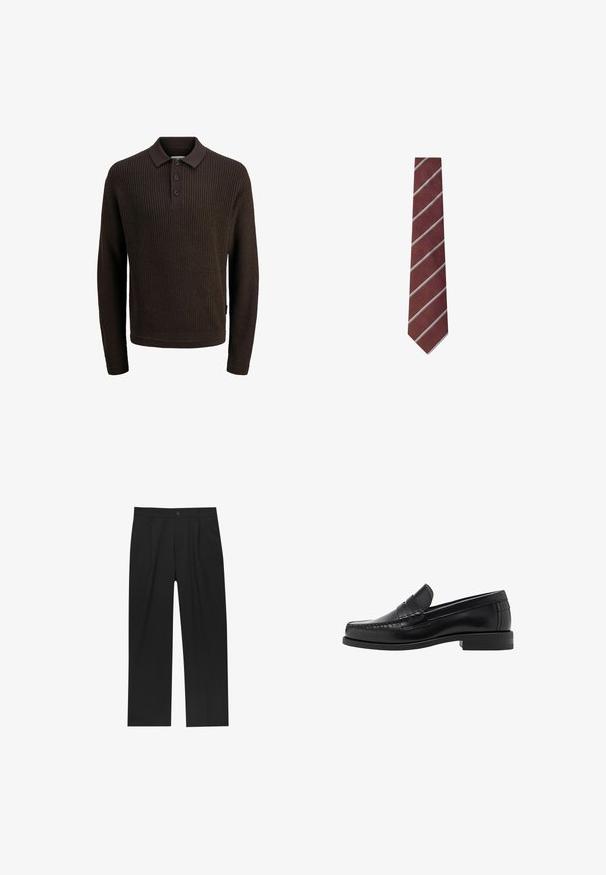 Brun læderpilotjakke med en cremet shearlingskrave og -manchetter. Har en frontlynlås, sidelommer og strukturerede skuldre.; Brun strikket cardigan med en tekstureret overflade, knaplukning og spredt krave. Fremstillet af et blødt, uldagtigt materiale.; Brun strikket polo sweater med lange ærmer, der har ribbet tekstur, tre-knaps lukning og en klassisk krave.; Hvid langærmet skjorte med knapper, der har et subtilt stribet mønster, klassisk krave og rundet kant. Fremstillet af letvægtsstof.; Sorte bukser med lige ben, lavet af et glat stof. Har frontfolder og en enkelt knaplukning i taljen.; Sorte læder loafers med en glat finish, syede detaljer på tåen og et lavt hældesign for komfort og stil.; Hackett London UNEVEN FINE STR - Slips - burgundy red