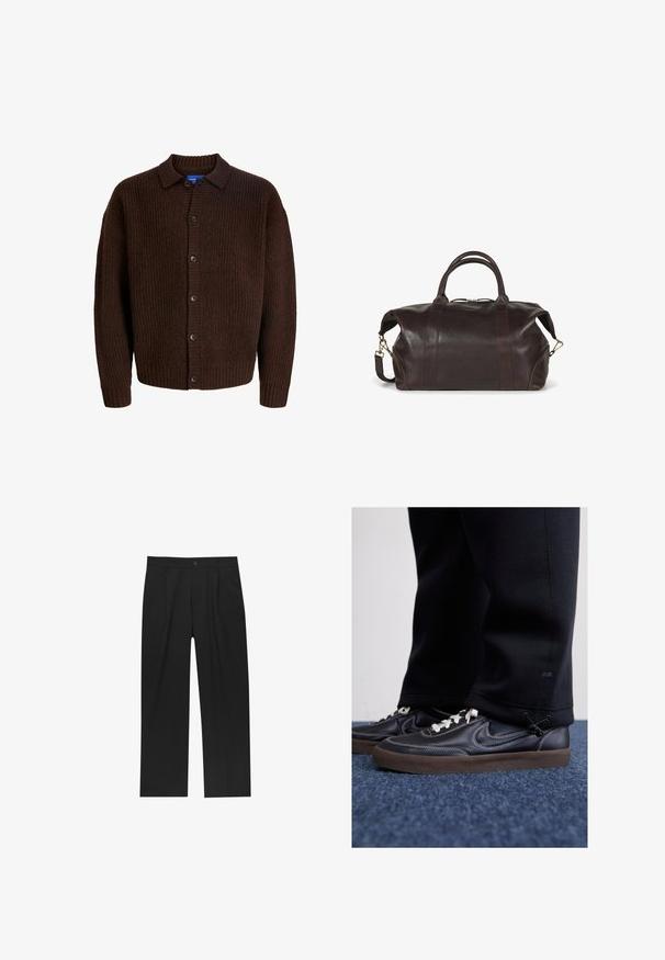 Veste aviateur en cuir marron avec un col et des poignets en shearling crème. Elle est dotée d'une fermeture éclair à l'avant, de poches latérales et d'épaules structurées.; Gilet en tricot marron avec une surface texturée, fermeture par boutons et col évasé. Fabriqué dans un matériau doux semblable à la laine.; Chemise blanche à manches longues avec un motif rayé subtil, col classique et ourlet arrondi. Fabriquée en tissu léger.; Pantalons noirs au design droit, fabriqués à partir d'un tissu lisse. Dotés de plis sur le devant et d'une fermeture à un bouton à la taille.; Nike Sportswear KILLSHOT 2 LTR PRM OPP2 - Baskets basses - black sail baroque brown mtlc dk grey; Sac de sport en cuir marron avec poignées arrondies, bandoulière réglable, design minimaliste, surface lisse et détails de couture visibles.