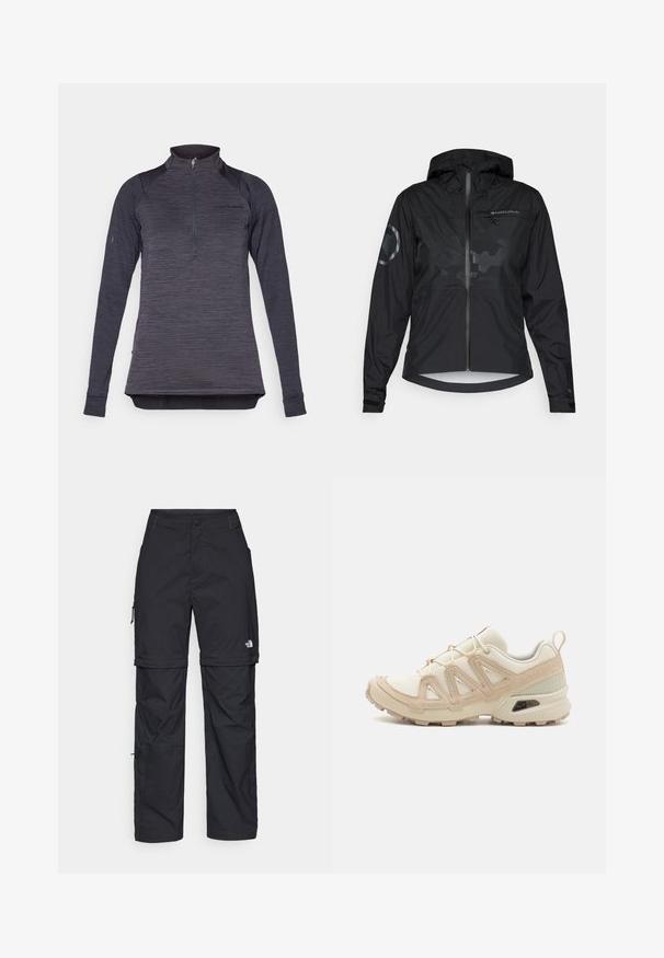 Svart vanntett jakke med hette, glidelås foran og reflekterende detaljer. Har en matt finish og subtilt camo-mønster. Justerbare mansjetter.; Langermet genser i mørkegrå teksturert stoff med kvart-lange glidelåser og tettsittende ermer. Har en subtil merkevarelogo på brystet.; Svarte nylon cargo-bukser med glidelås og justerbare mansjetter, flere lommer og en logo på høyre bein. Glatt, lett tekstur.; Beige og krem joggesko med teksturert mesh-overdel, støttende overlegg og gummisåle med et mønster for godt grep.