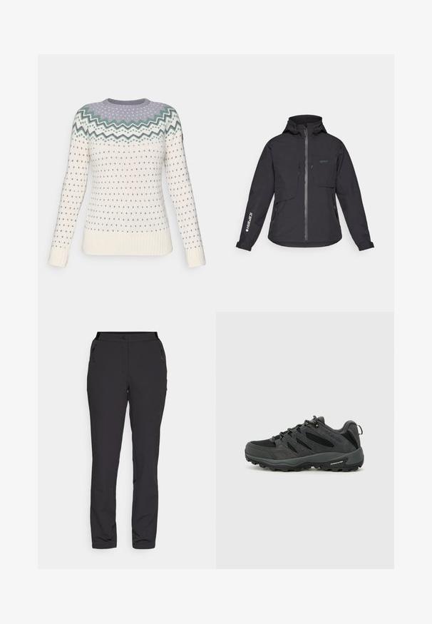 Svart vanntett jakke med hette, frontglidelås, to brystlommer og sidelommer med glidelås. Har en logo trykt på ermet.; Strikkegenser i kremhvitt med et sikksakkmønster i lys lilla og grønn ved halsen. Har små blå hjerter og ribbestrikkede mansjetter.; Sorte utendørsbukser laget av lett stoff har en rett bendesign, glidelåslommer på siden og en justerbar midje.; Columbia REDMOND - Fjellsko - black/citron haze