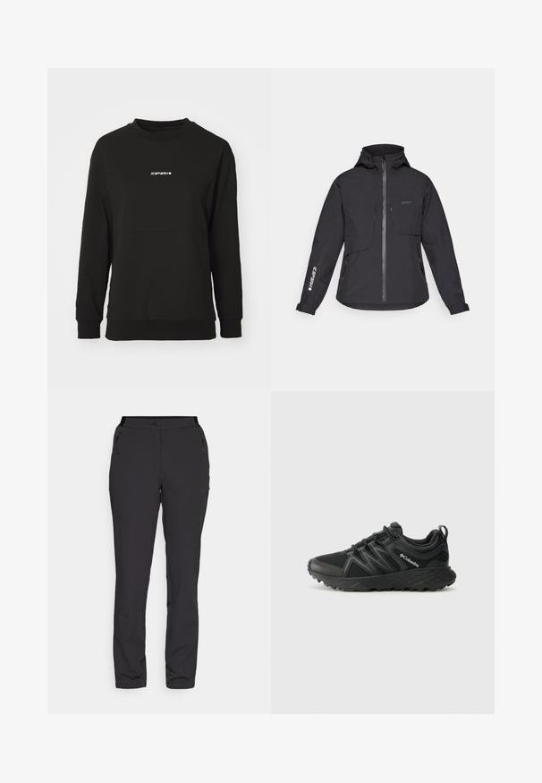 Jachetă impermeabilă neagră cu glugă, fermoar frontal, două buzunare pe piept și buzunare laterale cu fermoar. Are un logo imprimat pe mânecă.; Hanorac negru din material texturat. Prezintă un decolteu rotund, mâneci lungi și un logo central alb, cu un tiv ajustat.; Pantaloni negri de exterior, fabricați dintr-un material ușor, au un design cu picioare drepte, buzunare laterale cu fermoar și un talie ajustabilă.; Columbia PEAKFREAK - Pantofi drumeție - black