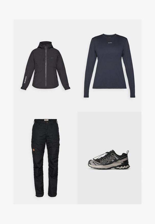 Must värvitu ja veekindel jakk kapuutsiga, esiluku, kahe rinnatasku ja küljetaskutega. Omab varrukal trükist logoga.; Tumesinise pika varrukaga spordipaita, ümarate kaelustega, valmistatud tekstuurilisest materjalist; rinnal on väike valge "Salomon" logo.; Mustadelad püksid, millel on mitmeid taskuid, nuppe sulgemiseks ja kergelt kitsenev sääre disain. Valmistatud vastupidavast materjalist, millel on tekstureeritud viimistlus.; Must mustriline ja hallid spordijalatsid, millel on võrgu ülemine osa, kummist põhi ja elastne nööri süsteem. Omab tugevdatud varvaskatet ja tekstuursete aktsentidega detaile.