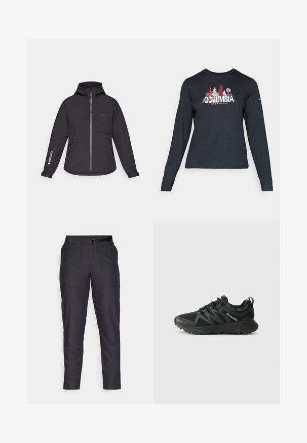 Schwarze wasserdichte Jacke mit Kapuze, Frontreißverschluss, zwei Brusttaschen und seitlichen Reißverschlusstaschen. Mit einem Logo, das auf dem Ärmel aufgedruckt ist.; Dunkelgraues Langarmshirt mit einem Grafikdesign von roten Bäumen und Bergen; das "COLUMBIA"-Logo in fett weißer Schrift. Weicher Stoff, klassischer Rundhalsausschnitt.; Schwarze, taillierte Hose aus glattem Stoff mit einem Gürteltalje, geraden Beinen und zwei vorderen Taschen mit dezenten Nähdetails.; Columbia PEAKFREAK - Hikingschuh - black