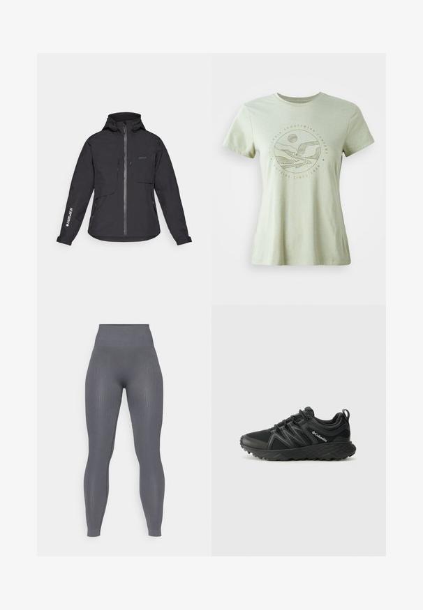 Crna vodootporna jakna s kapuljačom, prednjim patentnim zatvaračem, dva prsna džepa i bočnim džepovima s patentnim zatvaračem. Ima logo otisnut na rukavu.; Svijetlozelena majica kratkih rukava s kružnom grafikom u bež boji, koja prikazuje planine, rijeku i sunce. Mekana tkanina s okruglim izrezom.; Sive rebraste tajice s visokim pojasom, uskog kroja i teksturirane tkanine. Nema vidljivih uzoraka ili hardverskih detalja.; Columbia PEAKFREAK - Obuća za pješačenje - black