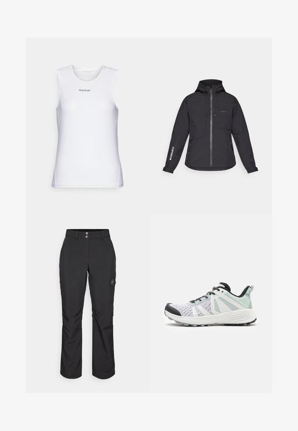 Sort vandtæt jakke med hætte, frontlynlås, to brystlommer og sidelommer med lynlås. Har et logo trykt på ærmet.; Hvid ærmeløs atletisk top med et tekstureret mesh-design. Har en rund halsudskæring og "GripGrab" logo i grå over brystet.; Sorte udendørsbukser med lige snit, der har knaplukning, lynlåslommer i siderne og et logo-patch på venstre lår.; Sportssko med en overdel i hvid mesh, sort gummiforstærkning ved tåen, mintfarvede accenter og struktureret sål. Indeholder snørebånd og logo på siden.