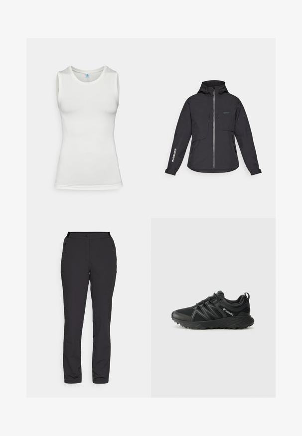 Melna ūdensnecaurlaidīga jaka ar kapuci, priekšējo rāvējslēdzēju, divām krūšu kabatām un sānu kabatām ar rāvējslēdzēju. Satur logotipu uz piedurknes.; Balts bezroku sporta tops, kas izgatavots no teksturēta sieta auduma. Iespējas ietver apaļu kakla izgriezumu un pieguļošu siluetu ar gludām maliņām.; Melnas āra bikses, izgatavotas no viegla auduma, piedāvā taisna griezuma dizainu, kabatas ar rāvējslēdzēju sānos un regulējamu jostasvietu.; Columbia PEAKFREAK - Pārgājienu apavi - black