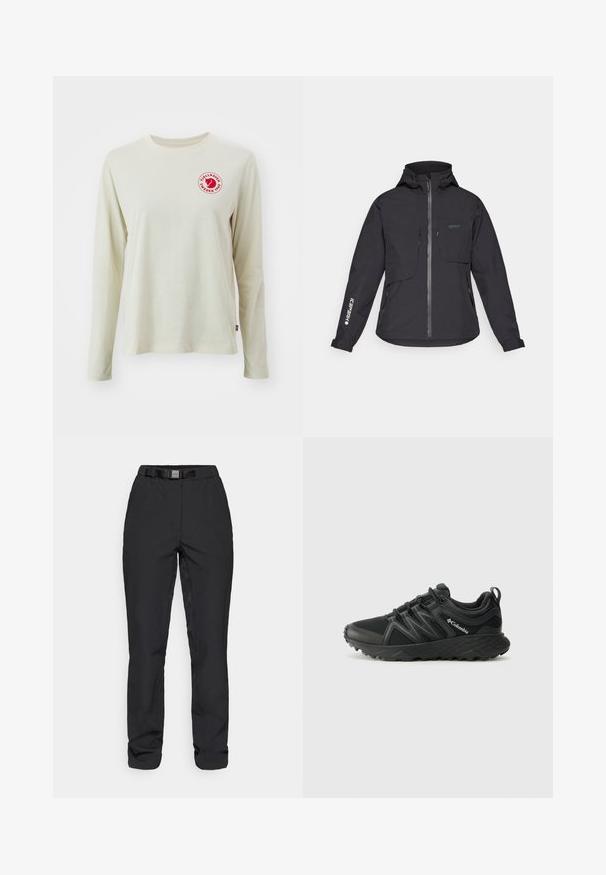 Must värvitu ja veekindel jakk kapuutsiga, esiluku, kahe rinnatasku ja küljetaskutega. Omab varrukal trükist logoga.; Kerge beež pikkade varrukatega T-särk puuvillast, ringja kaelusega ja punase ümmarguse logoga rinnal, kus on tekst ja graafika.; Mustad püksid, mis on valmistatud siledast, kergest kangast. Omavad vööd, millel on sisse õmmeldud vöö, eesmist taskut ja sirget lõike.; Columbia PEAKFREAK - Matkajalatsid - black