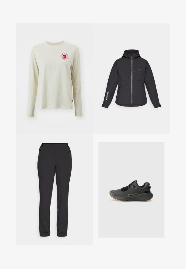Fekete vízálló kabát kapucnival, elülső cipzárral, két mellzsebbel és oldalsó cipzáras zsebekkel. Jellemzője az ujjon található nyomtatott logó.; Hosszú ujjú világos bézs pamut póló, kerek nyakkal, piros kör alakú logóval a mellrészen, szöveggel és grafikával.; Fekete kültéri nadrág, könnyű anyagból készült, egyenes lábbal, cipzáras oldalzsebekkel és állítható derékkal rendelkezik.; Columbia TERRASTRIDE CRZ - Túracipők - shark/black