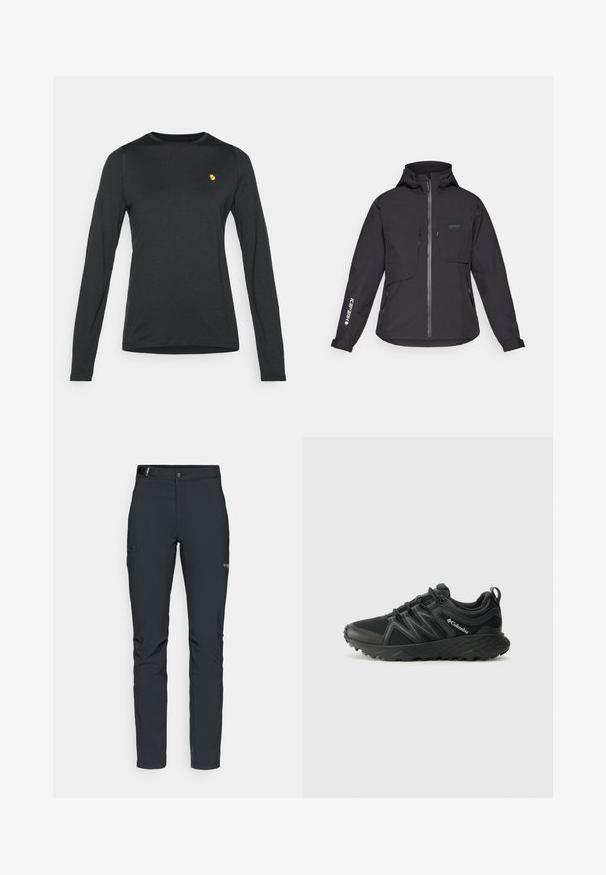 Svart vattentät jacka med huva, frontdragkedja, två bröstfickor och sidofickor med dragkedja. Har en logotyp tryckt på ärmen.; Svart långärmad skjorta i mjukt tyg, med rund halsringning och en liten gyllene logotyp på bröstet.; Herrernas utomhusbyxor, mörkgrå, tillverkade av flexibelt material, med ett bälte, zip-fickor och förstärkt sömnad.; Columbia PEAKFREAK - Hikingskor - black