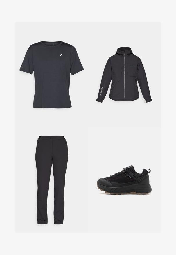 Fekete vízálló kabát kapucnival, elülső cipzárral, két mellzsebbel és oldalsó cipzáras zsebekkel. Jellemzője az ujjon található nyomtatott logó.; Fekete, rövid ujjú póló sima anyagból. Kerek nyakú, és a bal mellkas részen egy kis fehér logó található.; Fekete kültéri nadrág, könnyű anyagból készült, egyenes lábbal, cipzáras oldalzsebekkel és állítható derékkal rendelkezik.; Fekete sportcipők, texturált bőr és anyag felső résszel, mintás talppal, megerősített orral és állítható fűzőrendszerrel.