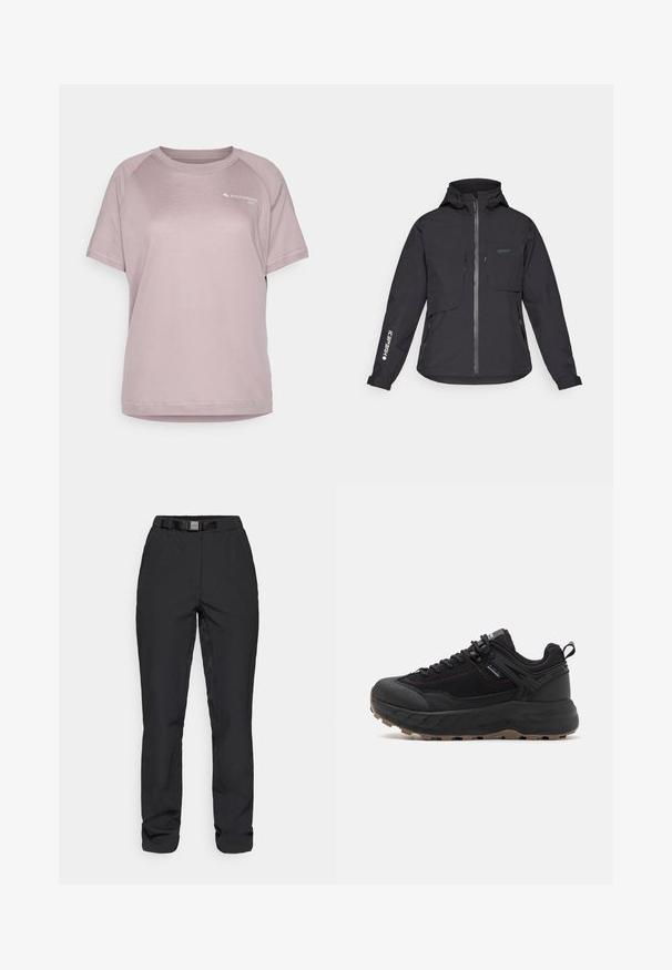 Svart vanntett jakke med hette, frontglidelås, to brystlommer og sidelommer med glidelås. Har en logo trykt på ermet.; Rosa atletisk t-skjorte med korte raglanermer, rund halsutringning og subtil tekstur. Har en liten trykt logo på brystet.; Sorte bukser laget av et glatt, lett materiale. Har en midjebånd med innebygd belte, frontlommer og rett ben.; Sorte idrettssko med en teksturert overdel av lær og stoff, mønstret såle, forsterket tå og justerbart snøresystem.