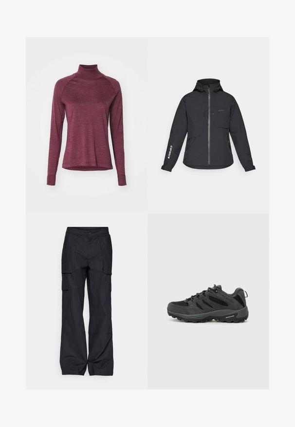 Giacca nera impermeabile con cappuccio, zip frontale, due tasche sul petto e tasche laterali con zip. Presenta un logo stampato sulla manica.; Maglietta a maniche lunghe bordeaux con collo a dolcevita e maniche raglan, dal tessuto morbido. Presenta un orlo arrotondato e polsi aderenti.; Columbia BREA FALLS™ COTTON RIPSTOP PANT - Pantaloni outdoor - black; Columbia REDMOND - Scarpa da hiking - black/citron haze