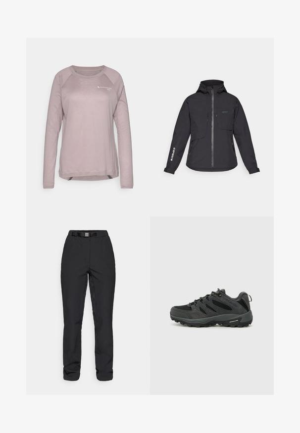 Casaco impermeável preto com capuz, fecho frontal, dois bolsos no peito e bolsos laterais com zíper. Apresenta um logotipo impresso na manga.; Camisa de manga longa rosa clara feita de tecido macio. Apresenta mangas raglan, um decote redondo e uma pequena impressão de logo no peito.; Calças pretas feitas de um tecido liso e leve. Apresentam uma cintura com um cinto embutido, bolsos frontais e um corte reto.; Columbia REDMOND - Sapatos de caminhada - black/citron haze