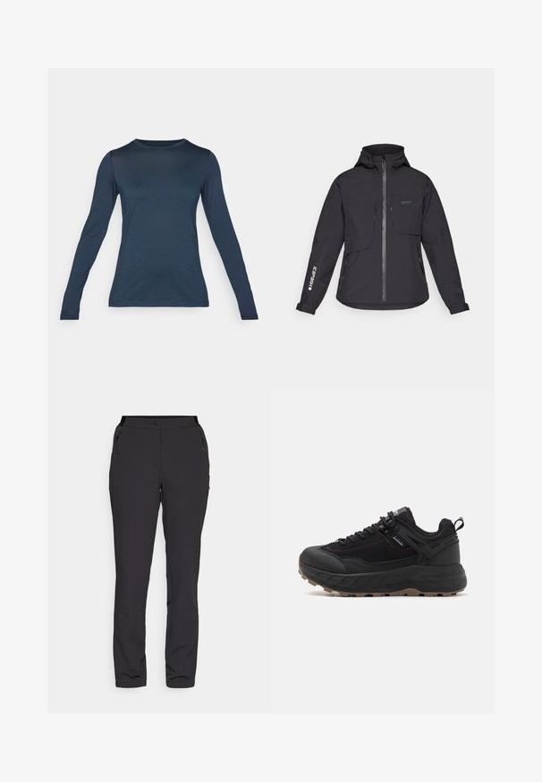 Svart vattentät jacka med huva, frontdragkedja, två bröstfickor och sidofickor med dragkedja. Har en logotyp tryckt på ärmen.; Långärmad skjorta i mörk marinblå, gjord av ett lätt tyg. Har en rund halsringning och ett litet emblem på bröstet. Slät textur.; Svarta utomhusbyxor, tillverkade av lätt tyg, har en rak bendesign, dragkedjefickor på sidan och en justerbar midja.; Svarta sportskor med en texturerad läder- och tygöverkonstruktion, mönstrad sula, förstärkt tå och justerbart snörningssystem.