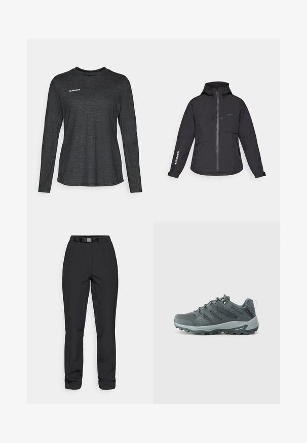 Fekete vízálló kabát kapucnival, elülső cipzárral, két mellzsebbel és oldalsó cipzáras zsebekkel. Jellemzője az ujjon található nyomtatott logó.; Hosszú ujjú fekete ing, texturált anyagból készült, kerek nyakkivágással és fehér "MAMMUT" logóval a bal felső részen.; Fekete nadrág sima, könnyű anyagból. Beépített övvel ellátott derékrész, elülső zsebek és egyenes fazon jellemzi.; Sötétszürke túracipők hálós és velúr felsőrésszel, fűzős kialakítással, párnázott talppal és strapabíró külső talppal, amely tapadási mintával rendelkezik.