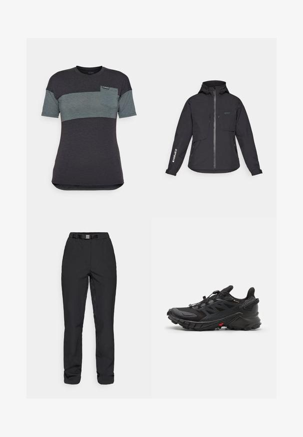 Must värvitu ja veekindel jakk kapuutsiga, esiluku, kahe rinnatasku ja küljetaskutega. Omab varrukal trükist logoga.; Lühikeste varrukatega t-särk tumesinises ja teal värvitoonis horisontaalse värviblokiga, millel on rinnatasku ja sildiga kaelas. ; Mustad püksid, mis on valmistatud siledast, kergest kangast. Omavad vööd, millel on sisse õmmeldud vöö, eesmist taskut ja sirget lõike.; Mustad mustetreeningjalatsid, millel on tekstureeritud pealmine osa, turvaline paeltesüsteem, pehme tald ja silmapaistev punane aktsent külgmisel osal.