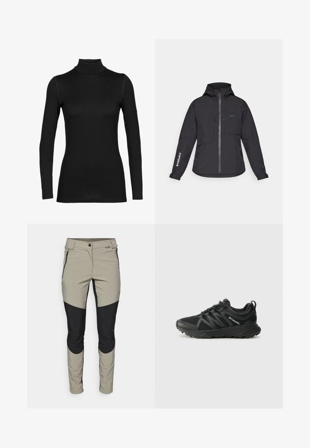 Schwarze wasserdichte Jacke mit Kapuze, Frontreißverschluss, zwei Brusttaschen und seitlichen Reißverschlusstaschen. Mit einem Logo, das auf dem Ärmel aufgedruckt ist.; Schwarzes langärmliges Rollkragenoberteil aus einem glatten, elastischen Stoff. Es verfügt über ein tailliertes Design mit nahtlosen Schultern und einem hohen Kragen.; Leichte, atmungsaktive Hosen in Beige und Schwarz mit einer figurbetonten Passform, seitlichen Reißverschlüssen und kontrastierenden Paneelakzenten an den Knien.; Columbia PEAKFREAK - Hikingschuh - black