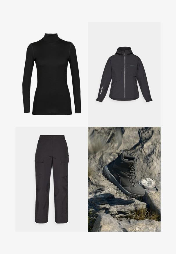 Black waterproof jacket with a hood, front zipper, two chest pockets, and side zip pockets. Features a logo printed on the sleeve.; Black long-sleeve turtleneck top made of a smooth, stretchy fabric. Features a fitted design with seamless shoulders and a high neck.; Black cargo pants made of durable fabric, featuring multiple side pockets, a button closure, and a loose fit with straight legs.; Dark gray hiking boot made of synthetic material, featuring a padded collar, metal eyelets, and textured rubber sole for traction.