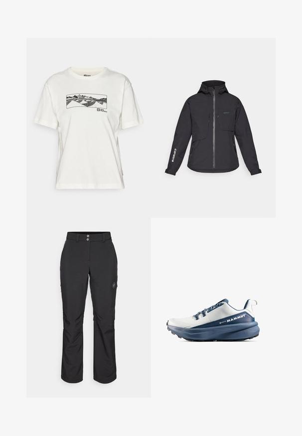 Zwarte waterdichte jas met een capuchon, voorrits, twee borstzakken en zijzakken met rits. Met een logo gedrukt op de mouw.; Witte katoenen t-shirt met een zwart lijnkunst van bergen en heuvels over de borst, met een logo dat aan de onderzijde is weergegeven.; Zwarte outdoor pants met een rechte snit, voorzien van een knoopsluiting, ritszakken aan de zijkant en een logo-label op de linker bovenbeen.; Herenwandelschoenen van lichtgewicht, waterdichte materialen. Grijze bovenkant, blauwe accenten, dikke demping en gestructureerde zwarte rubberen buitenzool.
