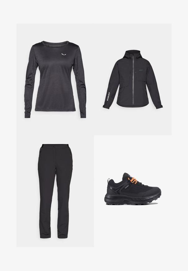 Czarna wodoodporna kurtka z kapturem, z zamkiem z przodu, dwiema kieszeniami na piersiach oraz bocznymi kieszeniami na zamek. Posiada logo nadrukowane na rękawie.; Koszulka sportowa z długim rękawem wykonana z lekkiego, strukturalnego materiału w ciemnoszarym kolorze, z małym białym logo na lewej kieszeni.; Czarne spodnie na zewnątrz, wykonane z lekkiego materiału, mają prosty krój nogawek, boczne kieszenie zapinane na zamek oraz regulowany pas.; Czarne buty sportowe z siateczkową cholewką, teksturowaną czarną podeszwą i jaskrawymi pomarańczowymi sznurówkami. Posiadają wyściełane kołnierze oraz wzmocniony nos.