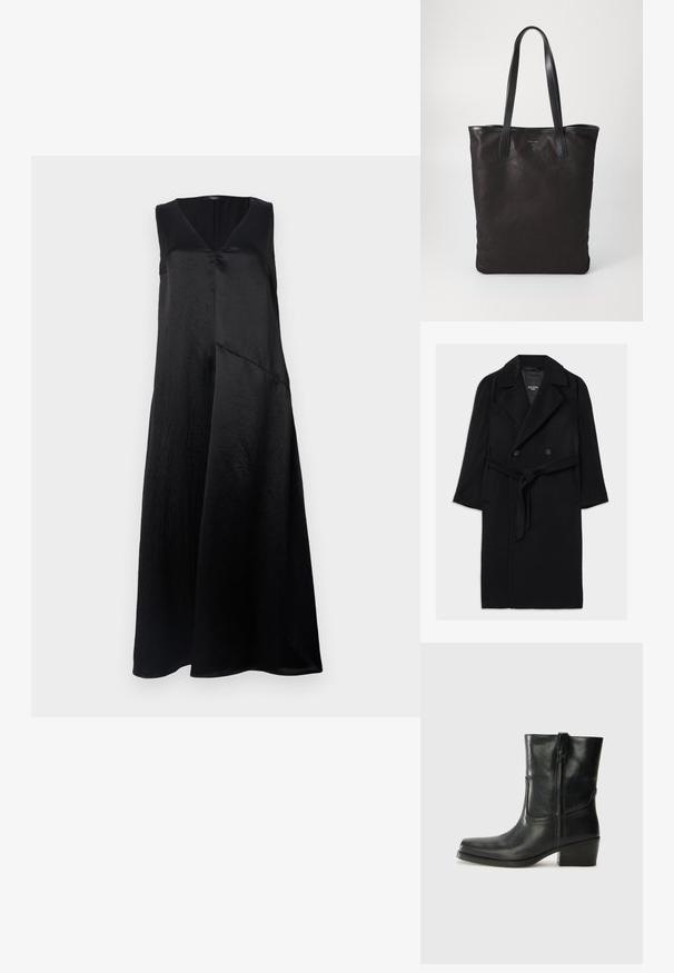 Schwarzer Wollmischungsmantel mit doppelreihigem Design, breiten Revers, tailliertem Gürtel, seitlichen Taschen und glatter Textur.; Schwarzes ärmelloses Kleid mit V-Ausschnitt, aus glattem Stoff gefertigt, bietet eine legere Passform und ein asymmetrisches Saaldetail. Dezenter Glanz sichtbar.; Schwarze Leder-Ankle Boots mit runder Zehenform, Blockabsatz, seitlichem Reißverschluss und gestickten Akzenten auf dem Blatt. Glatte Textur, klassisches Design.; Schwarze Stofftote mit schwarzen Ledergriffen. Einfaches Design, geräumiger Körper und glatte Textur. Keine sichtbaren Logos oder Muster.