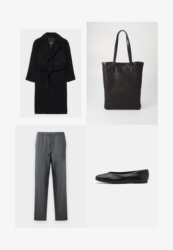 Črn plašč iz volnene mešanice z dvojnim zapiranjem, širokimi klapnicami, pasom s pasom, stranskimi žepi in gladko teksturo.; Siv pulover z visokim ovratnikom, izdelan iz mehke tkanine, z dolgimi rokavi, rebrastim ovratnikom in robom ter udobnim krojem. Gladka tekstura in preprost dizajn.; Bela srajca z dolgimi rokavi in gumbi z ostrim ovratnikom, z enim žepom na prsih in manšetami. Narejena iz gladkega, lahkega materiala.; Temno sivi hlače iz teksturirane tkanine, z elastiko na pasu in nastavljivo vrvico. Model s ravnimi hlačnicami brez žepov.; Paul Smith TOPANGA - Balerinke - black; Črna platnena torba s črnimi usnjenimi ročaji. Preprost dizajn, prostorna notranjost in gladka tekstura. Brez vidnih logotipov ali vzorcev.