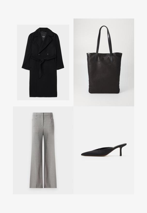 Zwarte wollen blend jas met een dubbele rij knopen, brede revers, een ceintuur in de taille, zijzakken en een gladde textuur.; Grijze coltrui gemaakt van zachte stof, met lange mouwen, ribbelhals en zoom, en een relaxte pasvorm. Gladde textuur en eenvoudig ontwerp.; Lichtgrijze wijde broek met een gestreept patroon, voorzien van een op maat gemaakte tailleband en twee zijzakken. Soepele stofstructuur.; Zwarte muiltje met spitse neus en een strak ontwerp, gemaakt van gladde stof, met een slanke hak en open achterkant voor gemakkelijk aan- en uittrekken.; Zwarte canvas schoudertas met zwarte leren handvaten. Eenvoudig ontwerp, ruime body en een gladde textuur. Geen zichtbare logo's of patronen.