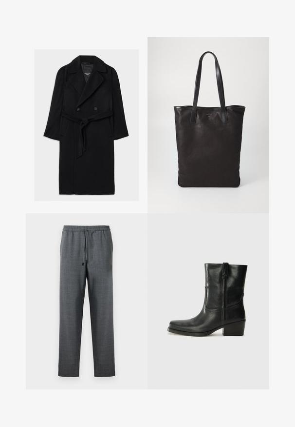 Musta villasekoitteen takki, jossa on tuplapainonappi, leveät läpät, vyötärölle sidottu vyö, sivutaskut ja sileä pinta.; Harmaa poolopaita pehmeästä kankaasta, jossa on pitkät hihat, joustavat kaula-aukko ja helma, ja löysä istuvuus. Sujuva tekstuuri ja yksinkertainen muotoilu.; Tummanharmaat housut, joissa on teksturoitu kangas, joustava vyötärö ja säädettävä nauha. Suorat lahkeet ilman taskuja.; Musta nahkasaapas nilkkamittaisella varrella, pyöreällä kärjellä, lohkarekorolla, sivuvetoketjulla ja ompeluaksentilla varren yläosassa. Suora pinta, klassinen muotoilu.; Mustat kangaskassit mustilla nahkahandleilla. Yksinkertainen muotoilu, tilava runko ja sileä pinta. Ei näkyviä logoja tai kuvioita.