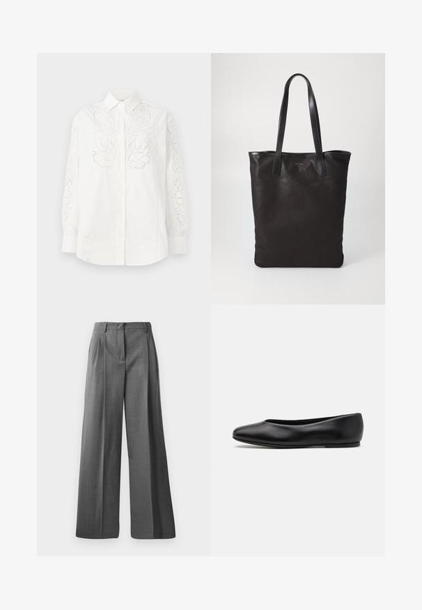 Cappotto in misto lana nera con design doppiopetto, ampi rever, vita con cintura, tasche laterali e una texture liscia.; Camicia bianca con bottoni caratterizzata da un dettaglio in pizzo floreale su entrambe le maniche e sul davanti. Realizzata in cotone, con colletto classico e maniche lunghe.; Pantaloni grigi a gamba larga realizzati in un tessuto texturizzato con un motivo sottile. Presentano pieghe frontali e una vita con passanti per la cintura.; Paul Smith TOPANGA - Ballerine - black; Borsa tote in tela nera con manici in pelle nera. Design semplice, corpo spazioso e texture liscia. Nessun logo o motivo visibile.