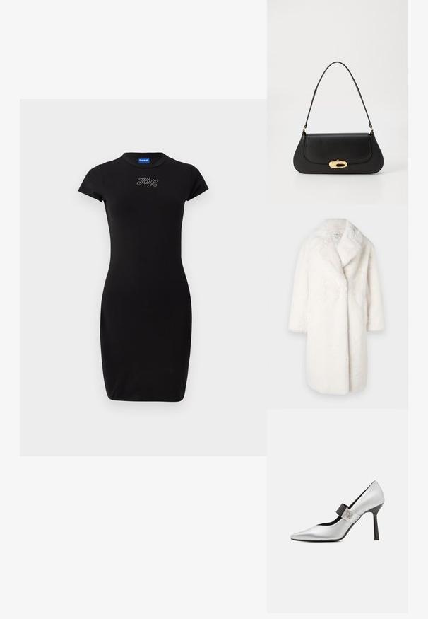 Balts mākslīgā pūkainā mētelis ar apmetni, pārspīlēta forma un trīs ceturtdaļu piedurknes. Mīksta tekstūra bez redzamām aizdaru vai rakstu detaļām.; Melnā pieguļošā kleita, izgatavota no elastīga auduma, ar īsām piedurknēm un apaļu kakla izgriezumu. Priekšpusē ir kristālu rotātas logo detaļas.; Sudraba ādas augstpapēžu kurpe ar saplacinātu purngalu, melnu siksniņu akcentu un spīdīgu apdari, piedāvājot elegantu siluetu un plānu papēdi.; Melna ādas rokassoma ar izliekta dizaina elementiem, zelta krāsas detaļām un augšējo rokturi. Iezīmējas ar elegantu aizdari un gludu faktūru.