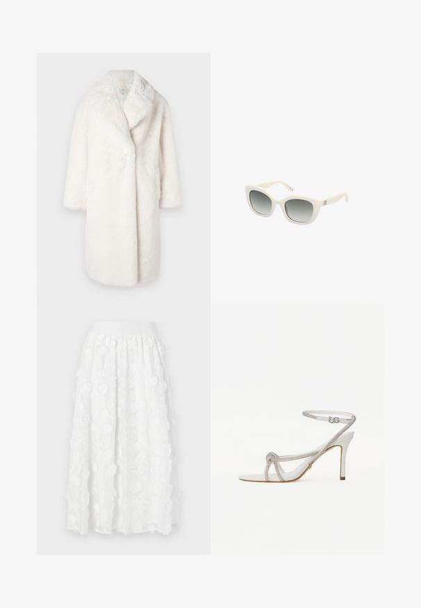 Manteau en fausse fourrure blanche avec un col châle, forme oversize et manches trois-quarts. Texture douce sans fermetures ni motifs visibles.; T-shirt blanc court en coton lisse, avec un col haut et des manches courtes. Petit logo brodé dans le coin inférieur.; Jupe blanche mi-longue avec des motifs floraux brodés et des accents texturés, dotée d'une taille élastique pour un ajustement confortable.; Sandale blanche à talons hauts avec une sangle texturée ornée de strass, design ouvert à l'avant, et sangle de cheville avec boucle ajustable.; Lunettes de soleil en plastique blanc avec une forme œil de chat, verres dégradés gris, branches solides et détail du logo doré sur le côté.