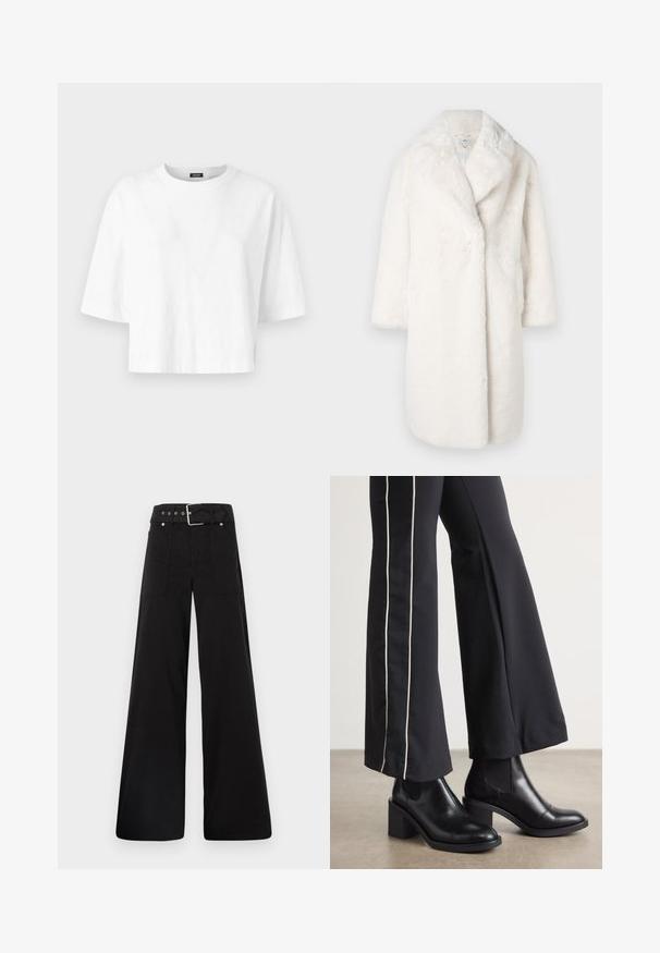 Balti dirbtinio pūkuoto kailio paltas su šaliku, per didelis siluetas ir trijų ketvirčių rankovės. Minkšta tekstūra, be matomų užsegimų ar raštų.; Balta medvilninė trumpa marškinė su apvalia kaklo iškirpte ir trumpomis rankovėmis. Dėl medžiagos paviršiaus matomas subtilus iškilus raštas.; Juodos plačios kojų kelnės, pagamintos iš medvilnės, su aukšta liemene, didelėmis šoninėmis kišenėmis ir diržu, papuoštu sidabriniais akcentais.; Juodi odiniai auliniai batai su plataus bloko kulnu, turintys elastines šonines dalis. Sukomplektuoti su juodomis kelnėmis, turinčiomis baltą šoninės juostą.