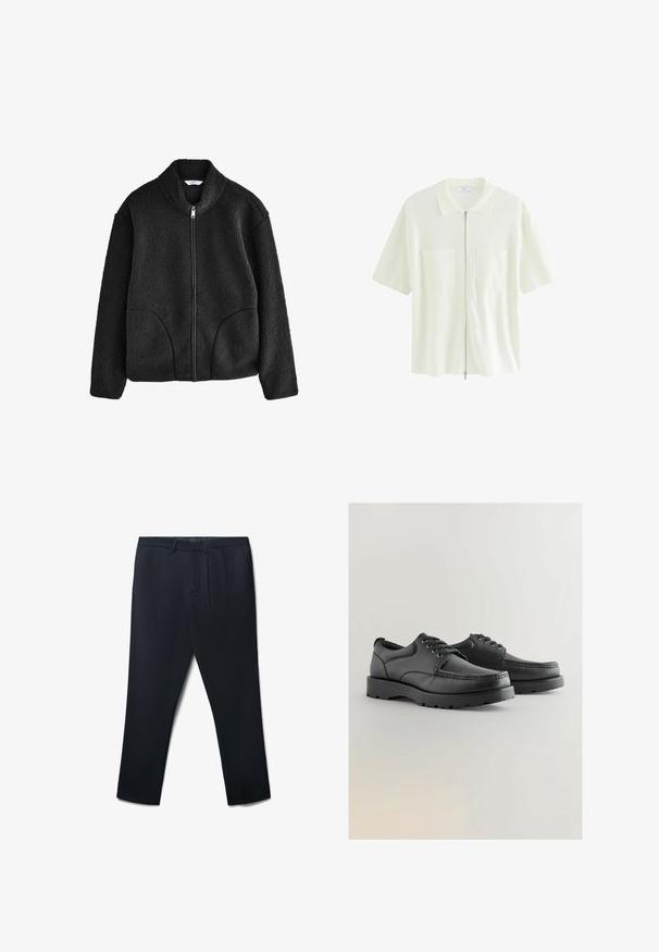 Schwarze Fleecejacke mit hohem Kragen, durchgehendem Reißverschluss und zwei Seitentaschen. Strukturiertes Material mit einem weichen, plüschigen Gefühl.; Kurzärmliges, weißes Kapuzenshirt aus strukturiertem Stoff mit Kragen und zwei Vordertaschen mit quadratischen Klappen.; Marineblaues Hosen mit glatter Textur, ausgestattet mit vorderen Falten, einem geraden Bein-Design und seitlichen Taschen. Klassischer, maßgeschneiderter Stil.; Schwarze Lederschuhe mit strukturiertem Obermaterial, runder Spitze, Schnürdesign und dicken Gummisohlen mit einem Profil.