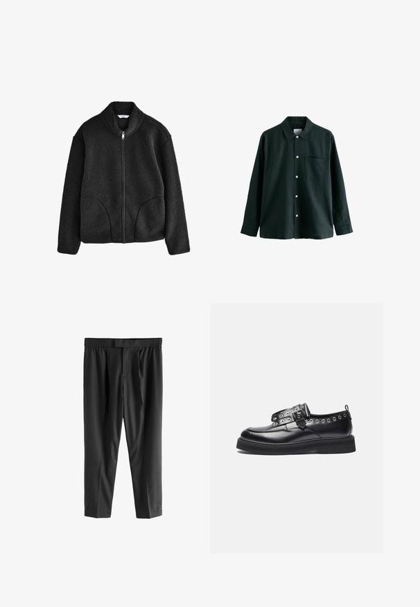 Zwarte fleecjack met hoge kraag, volledige rits aan de voorkant en twee zijzakken. Geweven stof met een zachte, pluizige textuur.; Donkergroene overhemden met kraag, lange mouwen en een enkele borstzak; heeft witte knopen en een zachte textuur.; Next REGULAR FIT -CHECK SMART - Chino - black; Zwarte leren schoen met een ronde neus, decoratieve oogjesdetails en een band met een gesp, met een dikke zwarte zool.