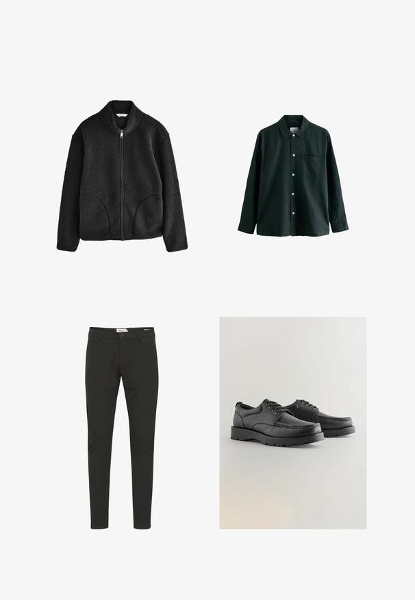 Zwarte fleecjack met hoge kraag, volledige rits aan de voorkant en twee zijzakken. Geweven stof met een zachte, pluizige textuur.; Donkergroene overhemden met kraag, lange mouwen en een enkele borstzak; heeft witte knopen en een zachte textuur.; Zwarte slim-fit broeken gemaakt van gladde stof met een knoopsluiting, riemlussen, voorkruimelzakken en een schoon, minimaal ontwerp.; Zwarte leren schoenen met een gestructureerde bovenkant, ronde neus, vetersluiting en dikke rubberen zolen met een patroon.