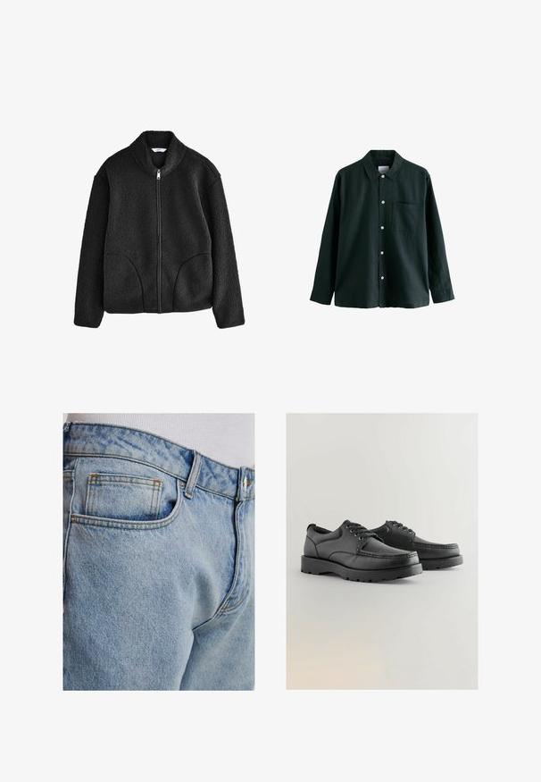 Chaqueta de forro polar negra con cuello alto, cremallera frontal completa y dos bolsillos laterales. Tejido texturizado con una sensación suave y esponjosa.; Camisa de botón de color verde oscuro con cuello, mangas largas y un bolsillo en el pecho; cuenta con botones blancos y una textura suave.; Jeans de denim azul claro con un corte clásico, que cuentan con un bolsillo trasero, costura a contraste y una textura suave.; Zapatos de cuero negro con texturizado en la parte superior, punta redonda, diseño con cordones y suelas de goma gruesa con un patrón de relieve.